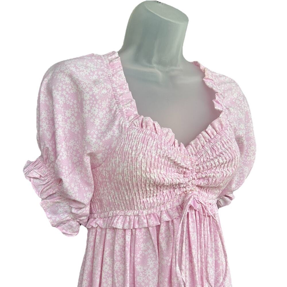 Mable Pink Smocked Maxi Dress Size Med Cottagecore Ditsy Floral Puff Sleeve Boho - Picture 3 of 10
